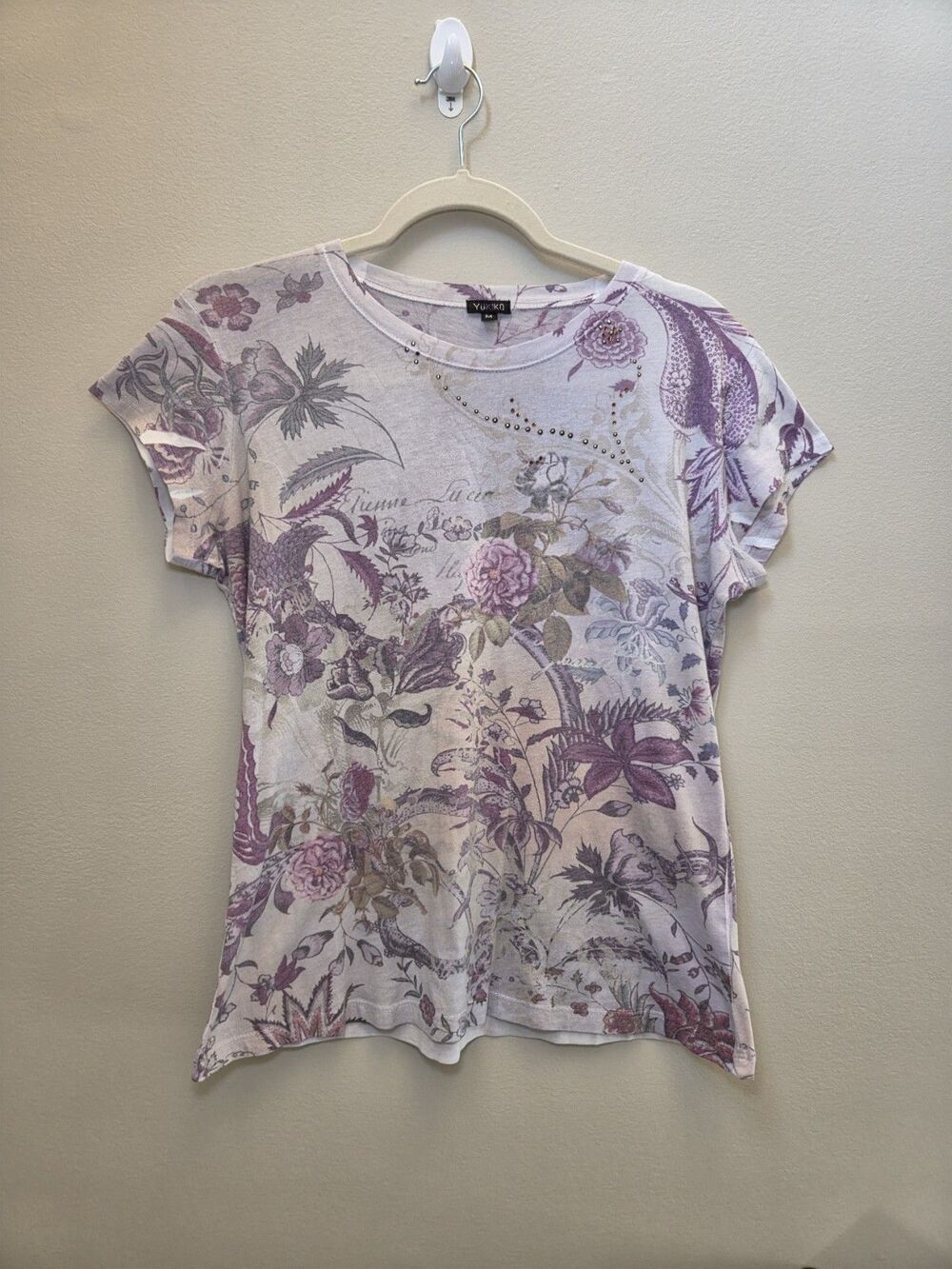 Vtg Y2k/2000s Yukiko Purple Floral Graphic Rhinestone Top Fairy Whimsigoth Sz M